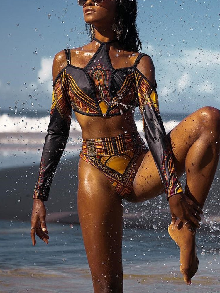 African Long Sleeve High Waist Bikini - CATICA Couture
