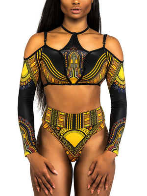 Open image in slideshow, African Long Sleeve High Waist Bikini - CATICA Couture
