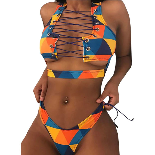New African Print Thong Lace Up Swimwear - CATICA Couture