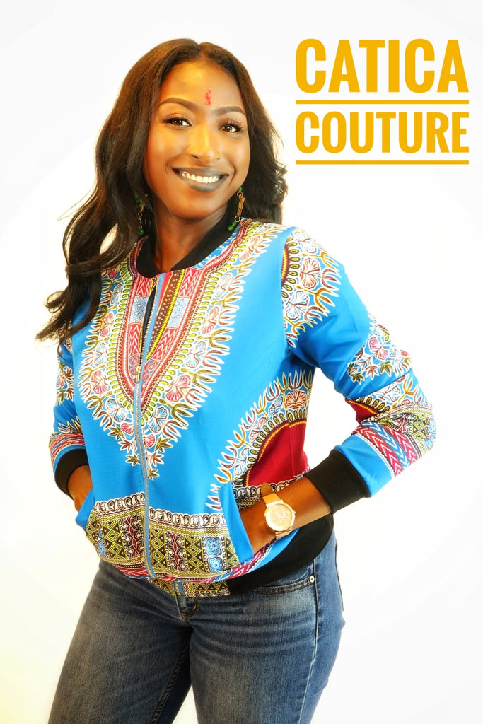 London Dashiki Bomber Jacket Light Blue | CATICA Couture - CATICA Couture