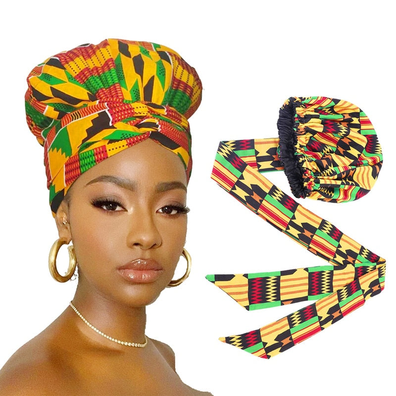 African Print Satin Bonnet and Bonnet Wrap w/Double Layer Headwrap | CATICA Couture - CATICA Couture